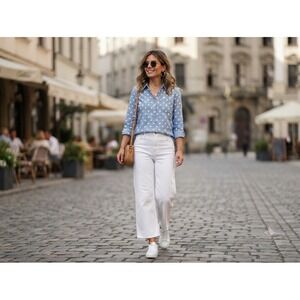 Tommy Hilfiger Womens Blue Polka Dot Chambray Popover Shirt Roll Tab Sleeve M